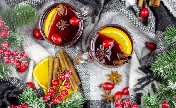 Hot Mulled Wine Wooden Table New Year Concept Christmas — Stock Photo, Image