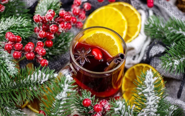Hot Mulled Wine Wooden Table New Year Concept Christmas — Stock Photo, Image
