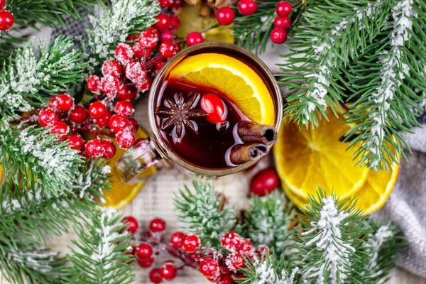 Hot Mulled Wine Wooden Table New Year Concept Christmas — Stock Photo, Image