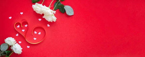 Valentine Day Concept Red Background Flowers Heart Selective Focus — стоковое фото