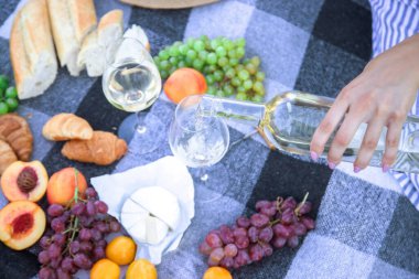 Doğada piknik, bir kız ve bir adam ellerinde şarapla bardaklarını tutuyorlar. Seçici odak