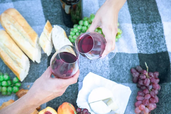 Picnic Nature Girl Man Holding Glasses Hands Wine Selective Focus — Stock Photo, Image