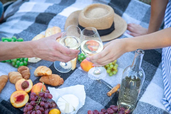Picnic Nature Girl Man Holding Glasses Hands Wine Selective Focus — Foto Stock