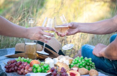 Birbirine aşık çiftler piknikte şarap içer. Seçici odaklanma. Doğa