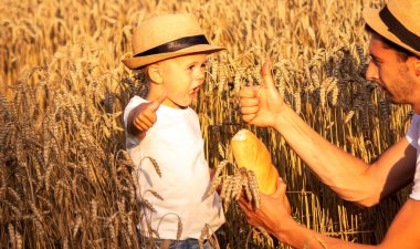 a child in a wheat field eats bread. Selective focus