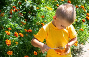 the child eats honey. Nature. Selective focus