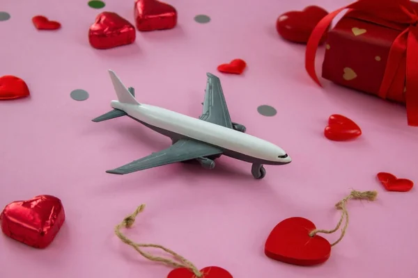 Valentine Day Holiday Concept Pink Background Valentine Day Airplane Travel — Stock Photo, Image