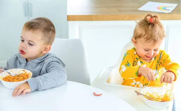Children Kitchen Table Turning Pasta Selective Focus — Stock Photo, Image
