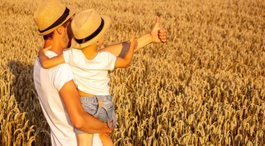 Çiftçi ve oğlu buğday tarlaları. Seçici bir odak noktası.
