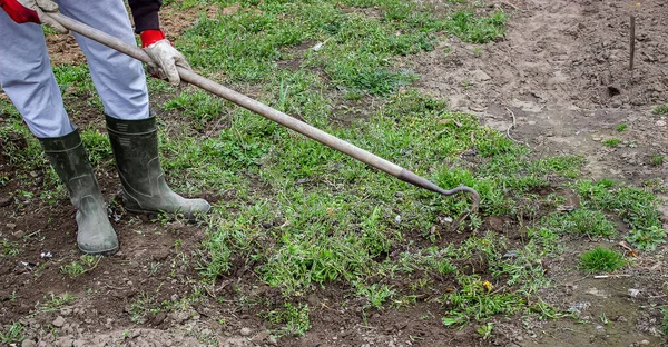 一个人在花园里清扫杂草 农场的春季清洁 选择性重点 — 图库照片