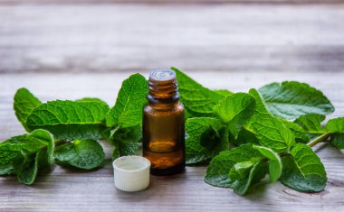 Hafif arka planda izole edilmiş gerekli yağ ve nane şekeriyle dolu bir şişe. seçici odak