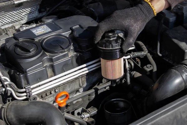 Car engine oil filter replacement. Transmission and maintenance. Energy fuel concept.