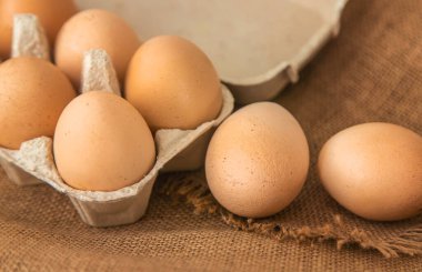 Tavuk yumurtaları bir tepside yakın plan. Seçici odaklanma. Yiyecek..