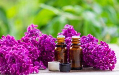 Küçük bir şişedeki leylak yağı. Seçici odaklanma. Doğa.