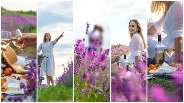 Woman Lavender Field Collage Selective Focus Nature — Stok fotoğraf