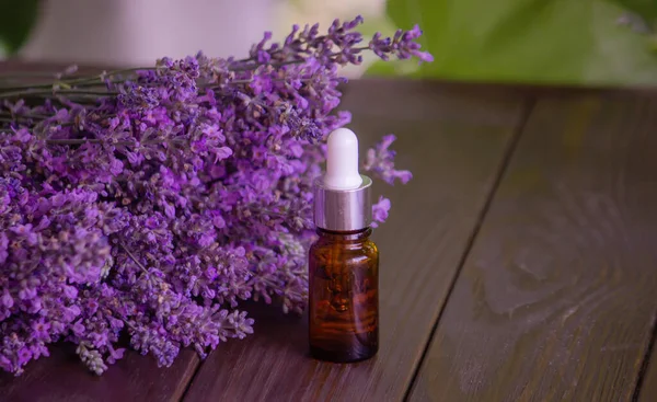 Essential Oil Lavender Wooden Background Selective Focus — Stock Fotó