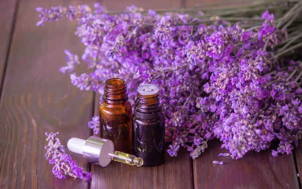 Essential Oil Lavender Wooden Background Selective Focus —  Fotos de Stock