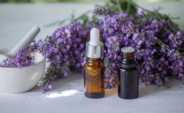 Essential Oil Lavender Wooden Background Selective Focus —  Fotos de Stock