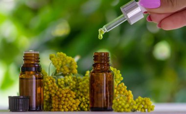 Tansi özü ve tentürle dolu bir şişe. Aromaterapi, spa ve bitkisel ilaç konsepti. seçici odak