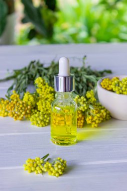 Tansi özü ve tentürle dolu bir şişe. Aromaterapi, spa ve bitkisel ilaç konsepti. seçici odak