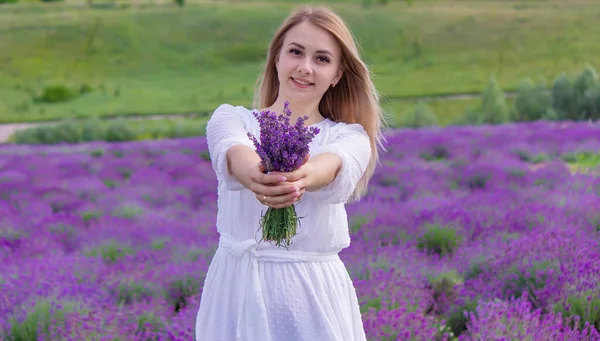 Girl Resting Lavender Field Selective Focus — Stok fotoğraf