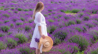 Kız lavanta tarlasında dinleniyor. seçici odak
