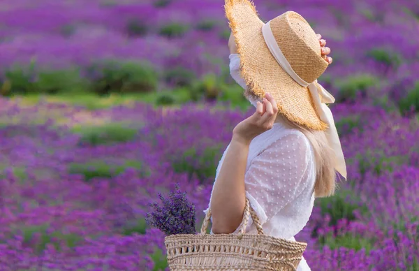 Girl Resting Lavender Field Selective Focus — 图库照片