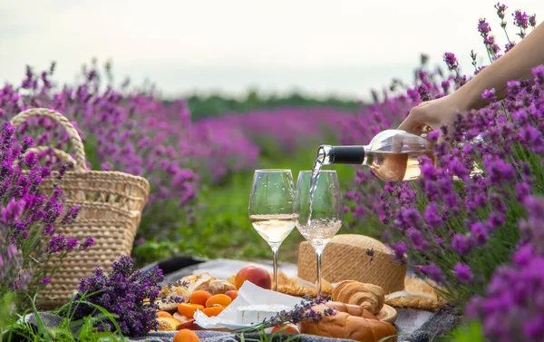 A bottle of wine on a background of a lavender field. Glasses with wine, fruits. selective focus