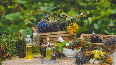 Medicinal herbs and natural tinctures. Selective focus. Nature.