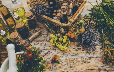 Medicinal herbs and natural tinctures. Selective focus. Nature.