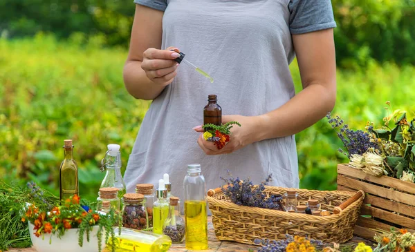 Woman with medicinal herbs and tinctures. Selective focus. Nature.