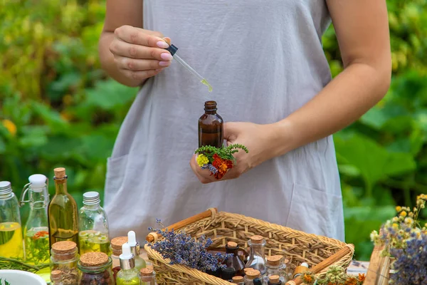 Woman with medicinal herbs and tinctures. Selective focus. Nature.