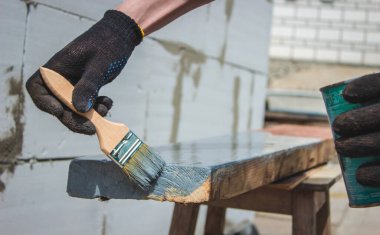 Ağacı griye boyayan fırçalı bir el. seçici odak