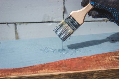 Ağacı griye boyayan fırçalı bir el. seçici odak