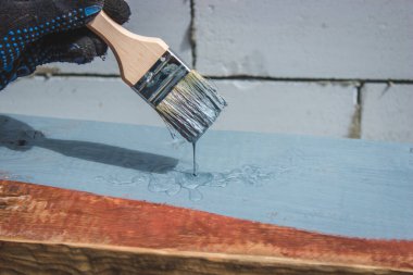 Ağacı griye boyayan fırçalı bir el. seçici odak