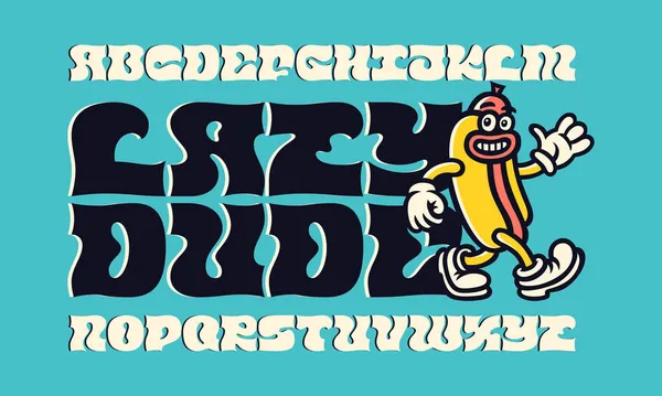 Ensemble Polices Vectorielles Avec Illustration Drôle Hot Dog Dessin Animé — Image vectorielle
