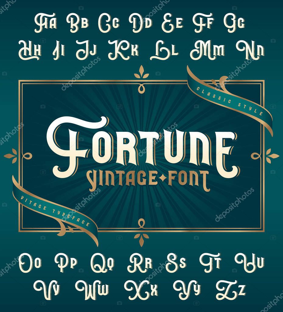 Fortune Vintage vector font set with decorative design elements