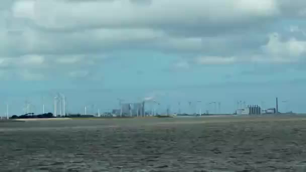 Wind Turbines Power Plant Standing Dike Industrial Complex Netherlands River — Vídeo de stock