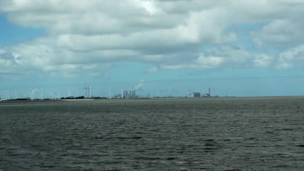 Wind Turbines Power Plant Standing Dike Industrial Complex Netherlands River — Videoclip de stoc