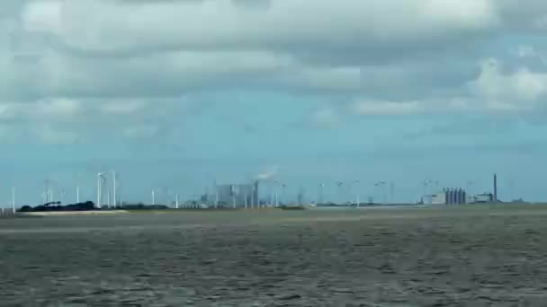 Wind Turbines Power Plant Standing Dike Industrial Complex Netherlands River — ストック動画