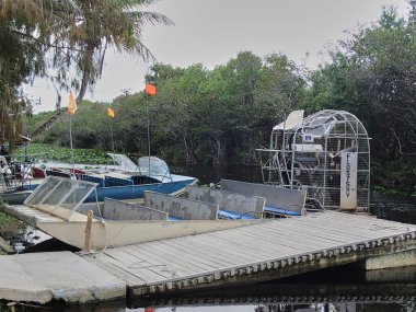 Everglades timsah teknesi bataklıklarda bir rıhtımda yatıyor.