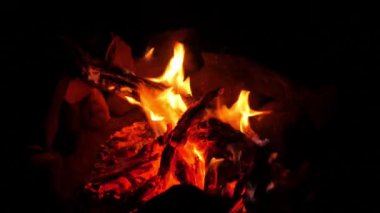 crackling campfire burning in the dark night