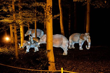 Osabrueck, Almanya - 09 19 2020: Hayvanat bahçesi ışıklarında aydınlatılmış heykel Osnabrueck Asya fili Elephas maximus 'u gösteriyor