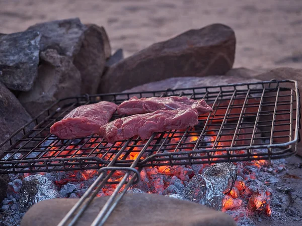 Game Meat Being Roasted Barbecue Open Fire — Fotografia de Stock