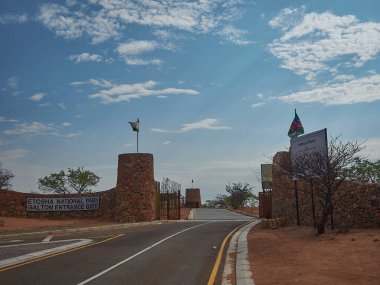Etosha, Nambia - 11 07 2016: Galton Gate is the western entrance to the Etosha National Park in Namibia.