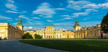 Warsav, mazowieckie / poland - July 3 2022: Wilanow Palace - a baroque royal palace located in Warsaw, in the Wilanow district, sunny day view of the building with the surrounding greenery.