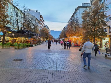 Bulgaristan 'ın başkenti Sofya' da önemli bir ana cadde, hareketli bir cadde, 2021.11.