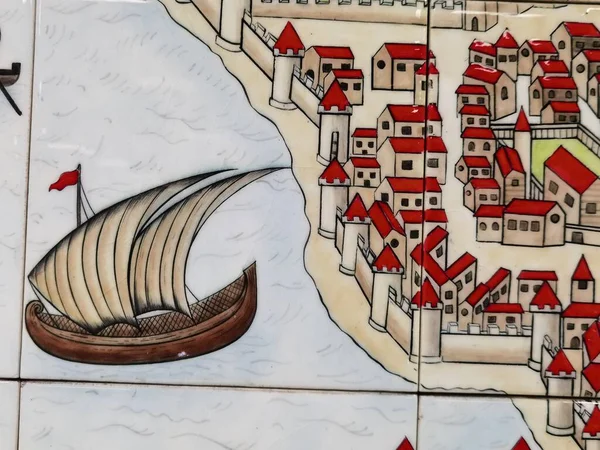 Kapal Kapal Dari Abad Pertengahan Digambarkan Dalam Ubin — Stok Foto
