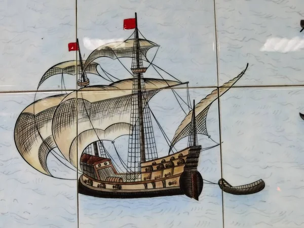 Statki Średniowiecza Przedstawione Płytkach — Zdjęcie stockowe
