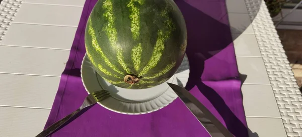 Whole Watermelon Plate Cutlery — Stock Fotó